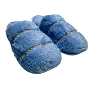 Rhinestone Faux Fur Slippers Blue Plush Indoor Shoes Size XL (11-12) NEW